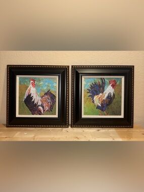 Colorful Rooster Pair Framed Canvas Art - Multi Color